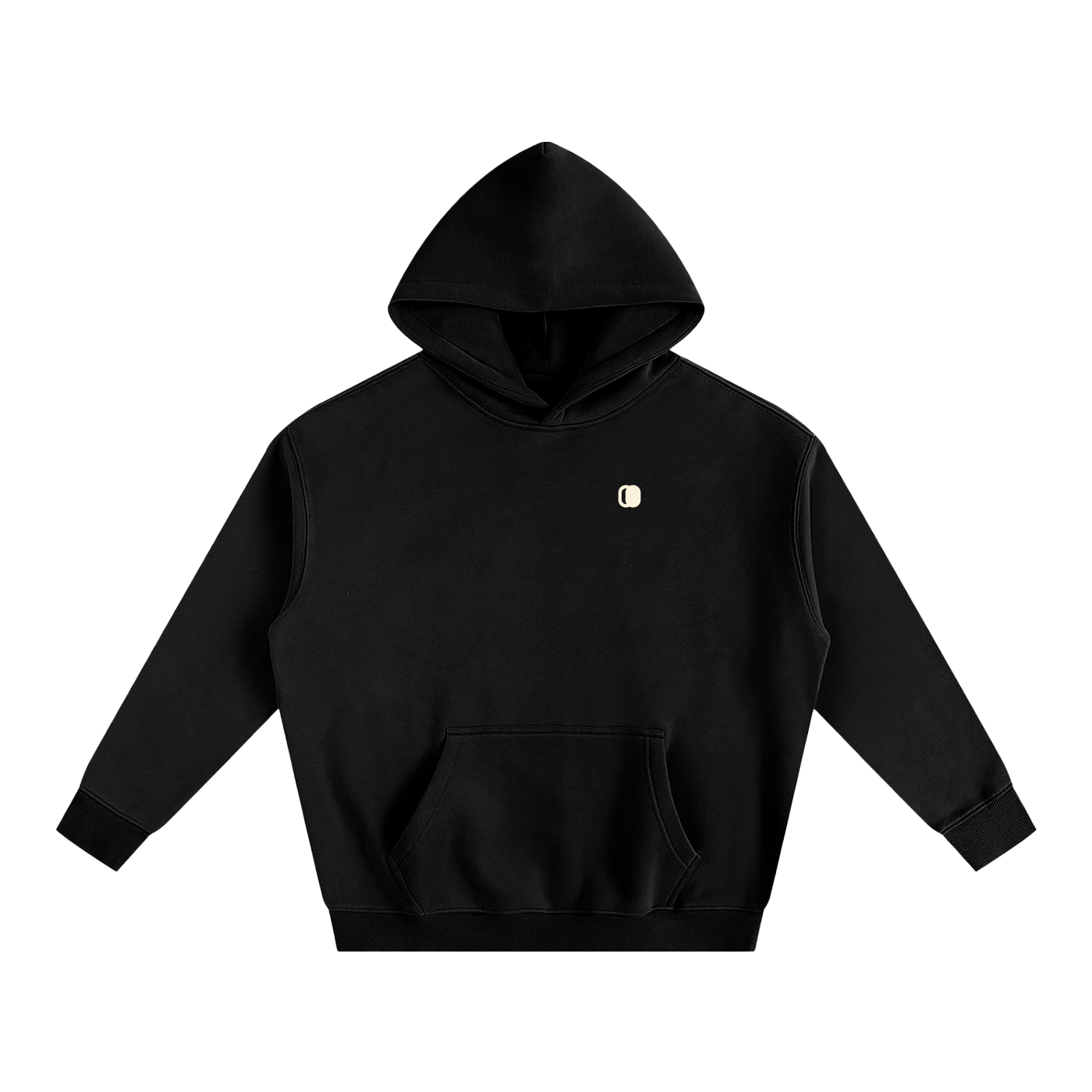Black hoodie with white logo on a white background

