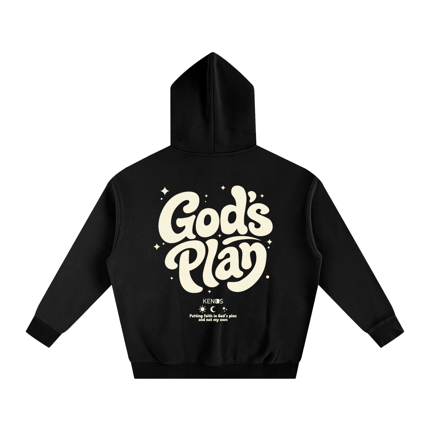 Black hoodie with 'God's Play' text on the back against a white background

