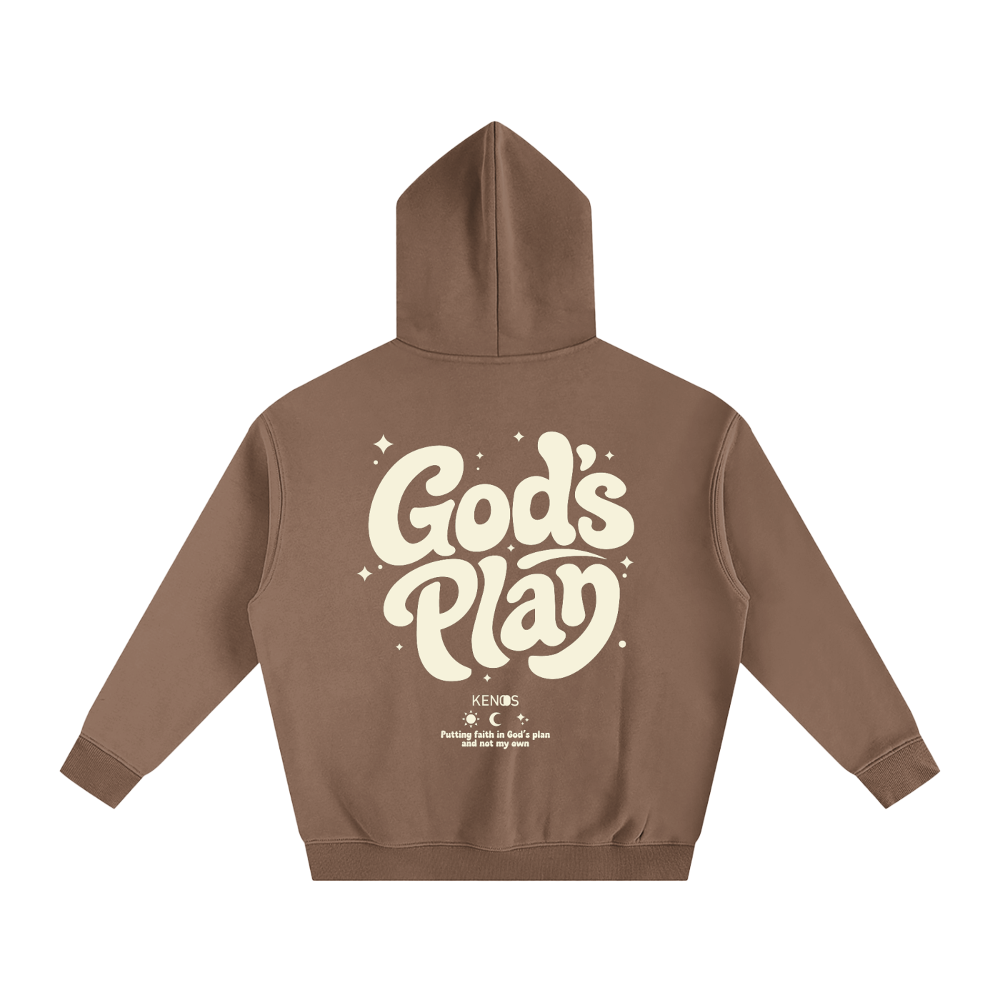 Brown hoodie with 'God's Plan' text on the back against a white background

