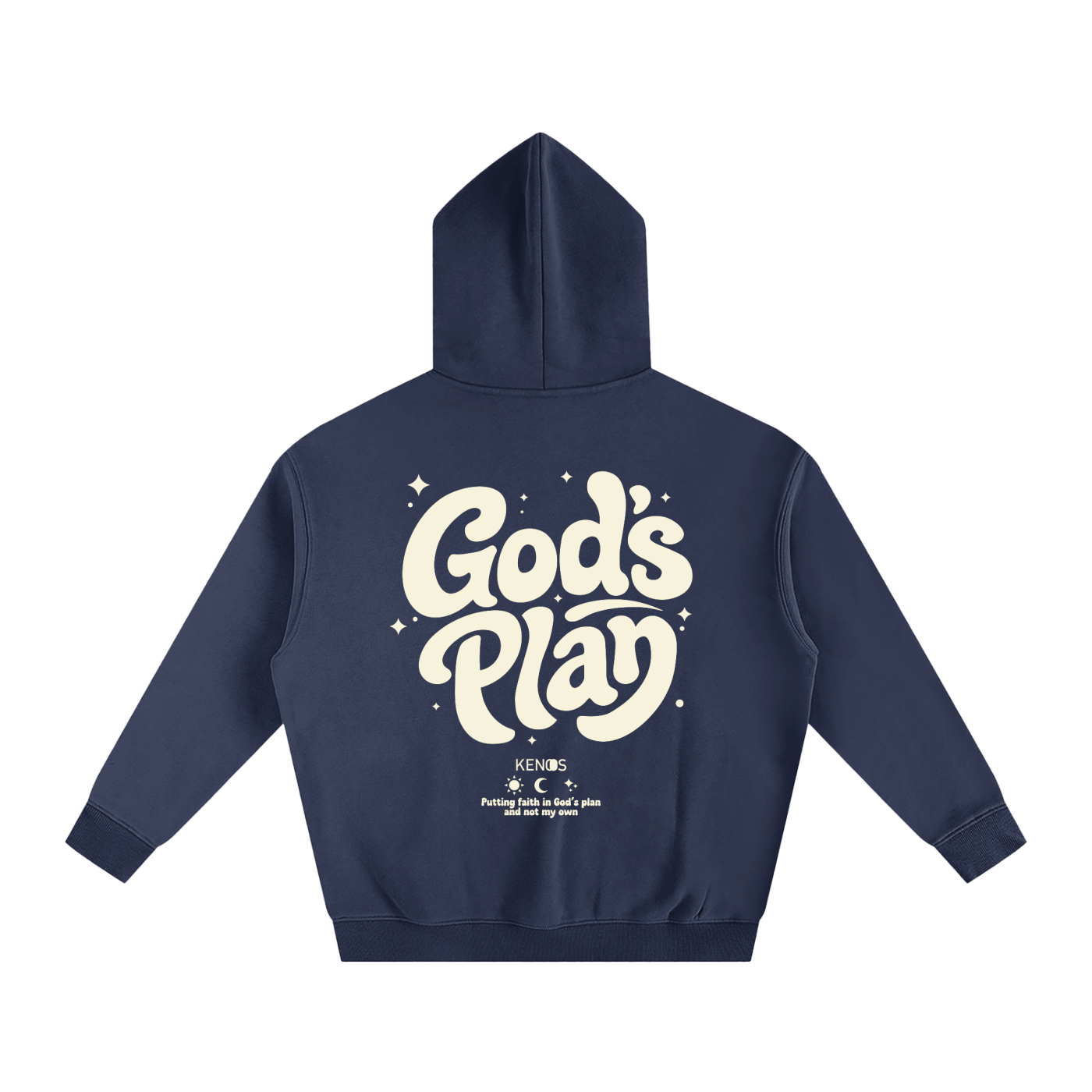 Navy blue hoodie with 'God's Play' text on the back against a white background

