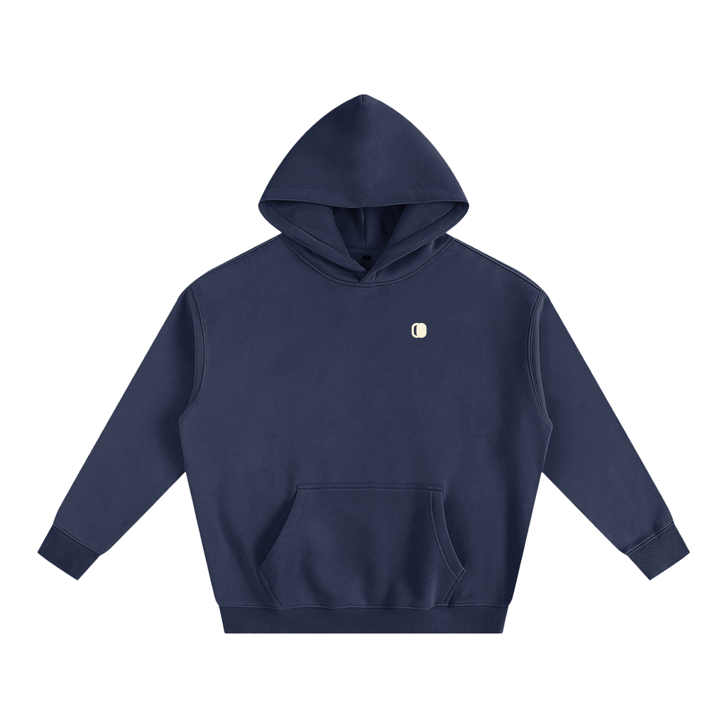Navy blue hoodie with a small white logo on a white background


