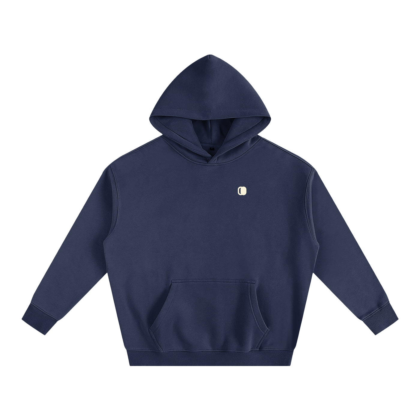 Navy blue hoodie with a small white logo on a white background

